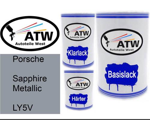 Porsche, Sapphire Metallic, LY5V: 500ml Lackdose + 500ml Klarlack + 250ml Härter - Set, von ATW Autoteile West.